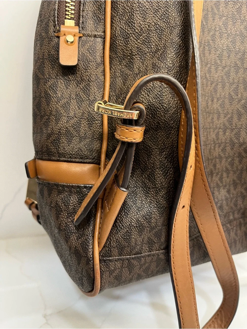 Michael Kors Brown MK Signature Logo Backpack Tan Gold Hardware